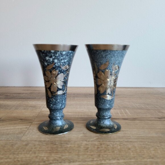 Set of 2 decorative etched/engraved metal flute vine goblets with floral design. - Picture 1 of 9